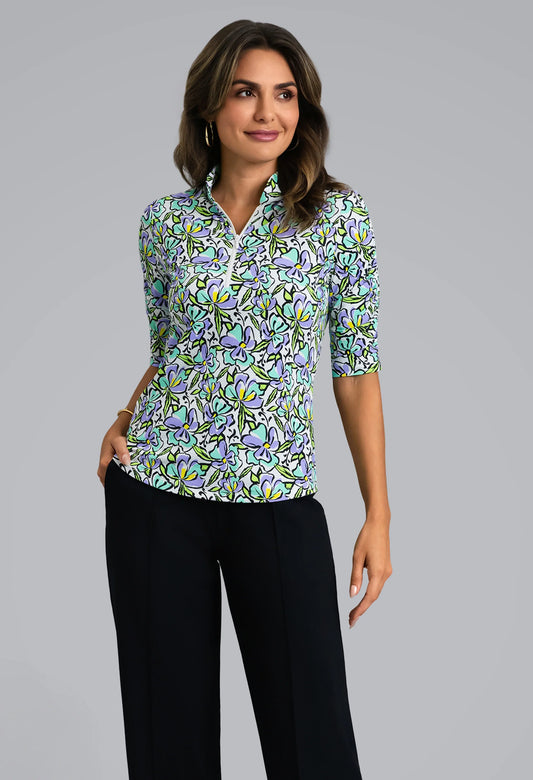 IBKUL Sonia Ruched Elbow Sleeve Mandarin Collar Top 41245