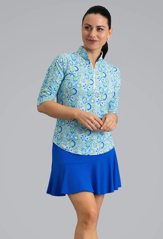 IBKUL Alexis Ruched Elbow Sleeve Mandarin Collar Top 41246